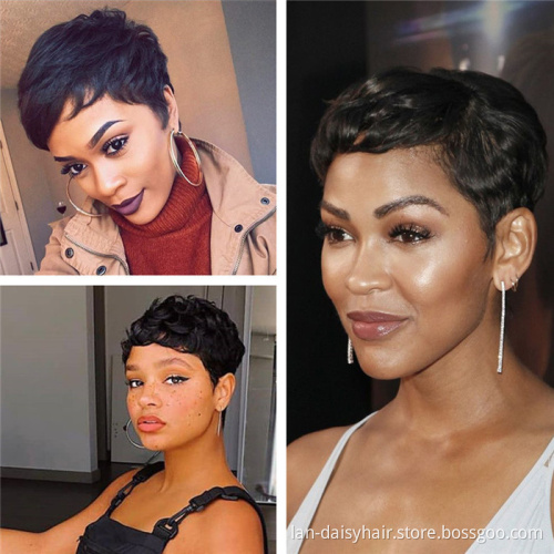 Fast Shipping Short cute Pixie Cut Wigs Straight Natural Color  For Black Women Remy Human Hair Wig